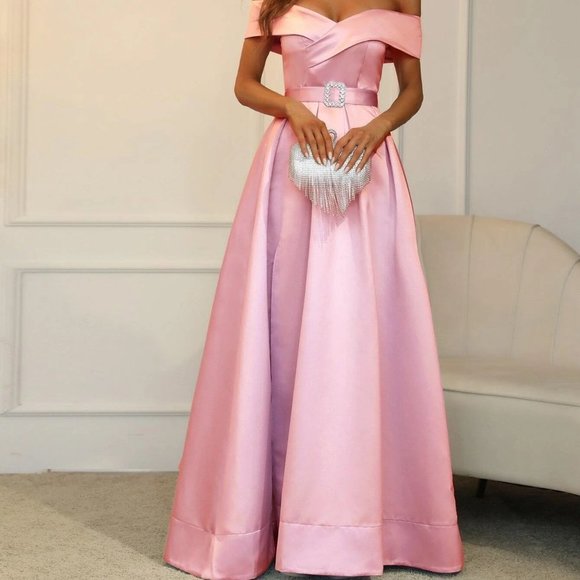 Baby Pink Boho Womens Off Shoulder Boxy Pleated Split Thigh Prom Dress - Picture 4 of 5